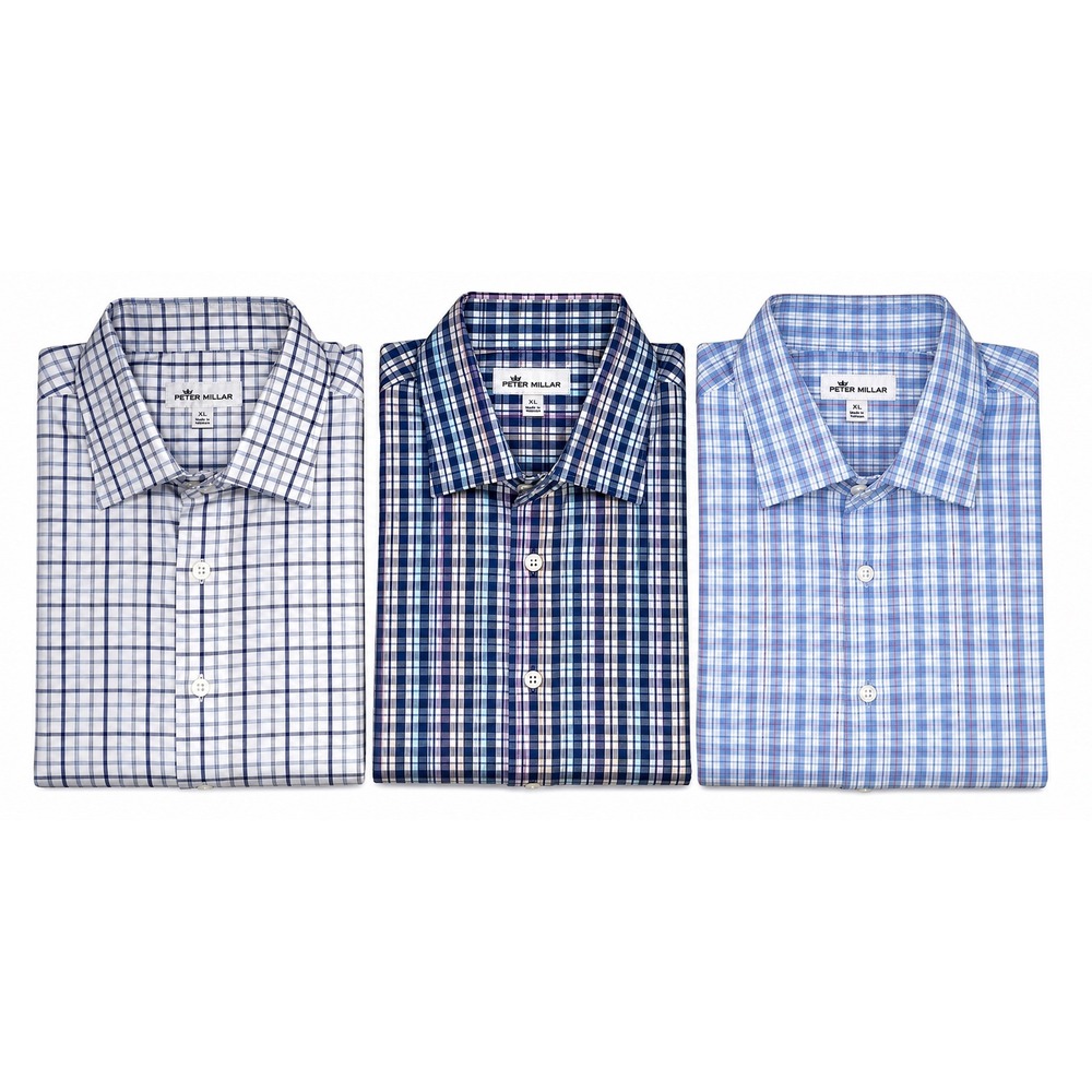 3 Peter Millar Mens XL Long Sleeve Shirts Plaid Cotton Silk Blend Button Down